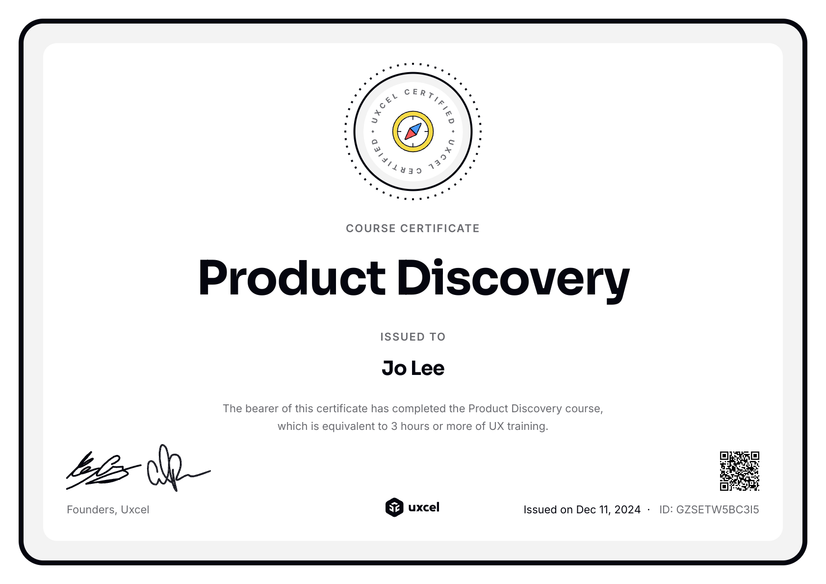 Jo Lee's certificate